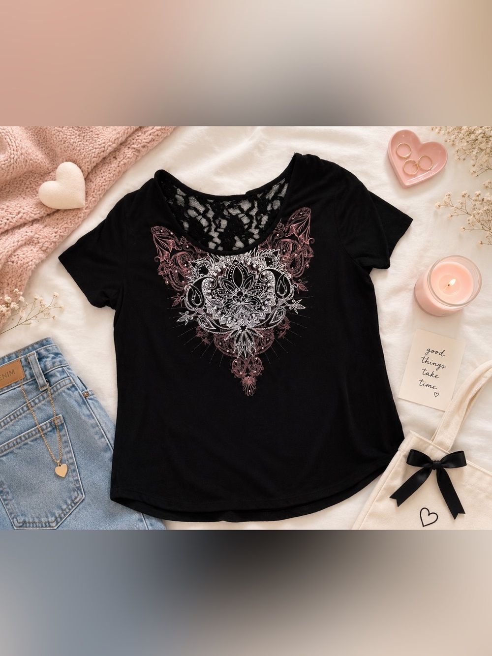 Black Boho Lace Back Graphic Tee | Floral Mandala Print Top